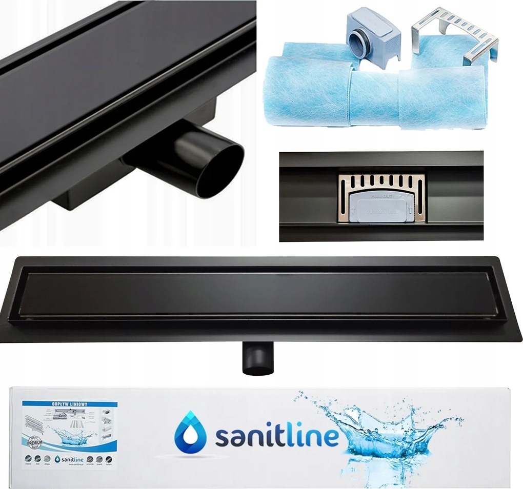 Sanitline Lineáris lefolyó Fekete Üveg Matt 70cm