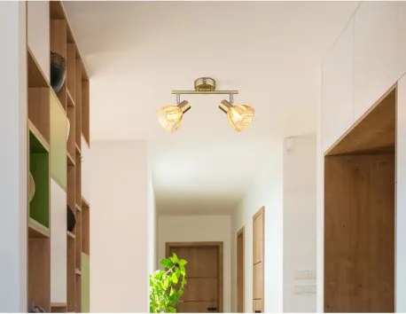 Globo 54315M-2 Fali spotlámpa, fém sárgaréz színű matt, króm, borostyánszínű üveg, szatírozott, elfordítható, HxSzxM: 250x130x190mm, 2x E14 40W 230V izzók nélkül