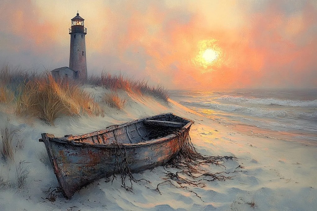 Vászonkép Canvas Tenger Hullámok Tengerpart Lámpás Hajó Naplemente 120x80