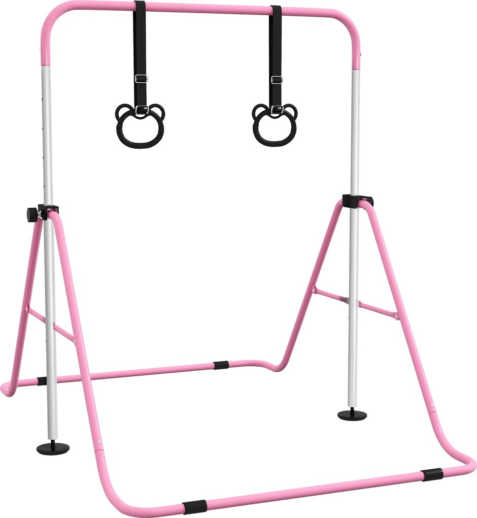 HOMCOM Gyermek Torna Dugasz, Vízszintes Rúd, Magasságban Állítható, Összecsukható Tornaeszköz Tornagyűrűkkel, Rózsaszín | Aosom