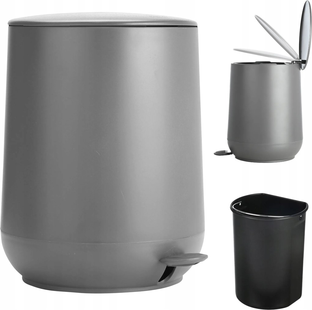 Szürke Fürdőszobai Szemeteskosár Hulladékgyűjtő fedéllel 5 L kivehető betéttel