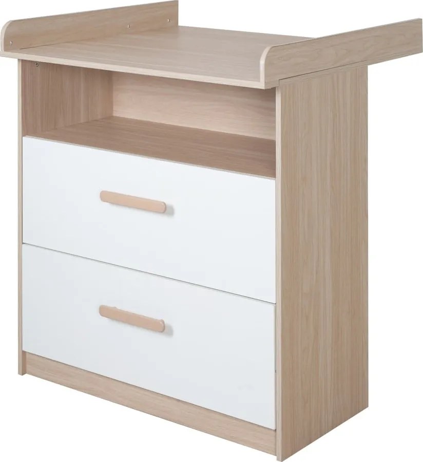 Fehér-natúr színű gyerek komód pelenkázó feltéttel, tölgyfa dekorral 88x98x75 cm Cabane – Roba