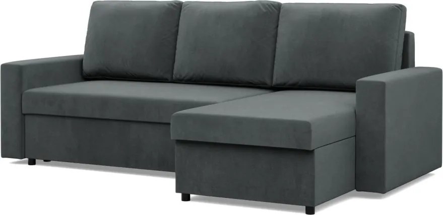 Zeus sarokkanapé, 1 ágyneműtartóval, egyenes kartámasz, bársony, univerzális oldal, hab töltet, szürke