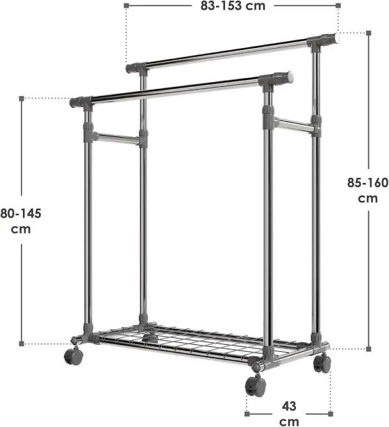 Fém ruhaállvány kerekeken 2 rúddal + polcokkal