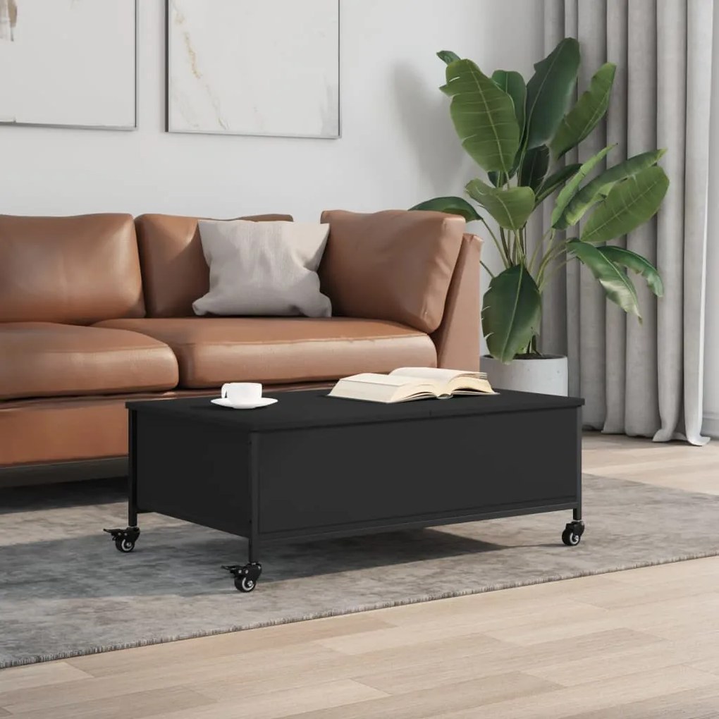 Fekete szerelt fa dohányzóasztal kerekekkel 91 x 55 x 34 cm