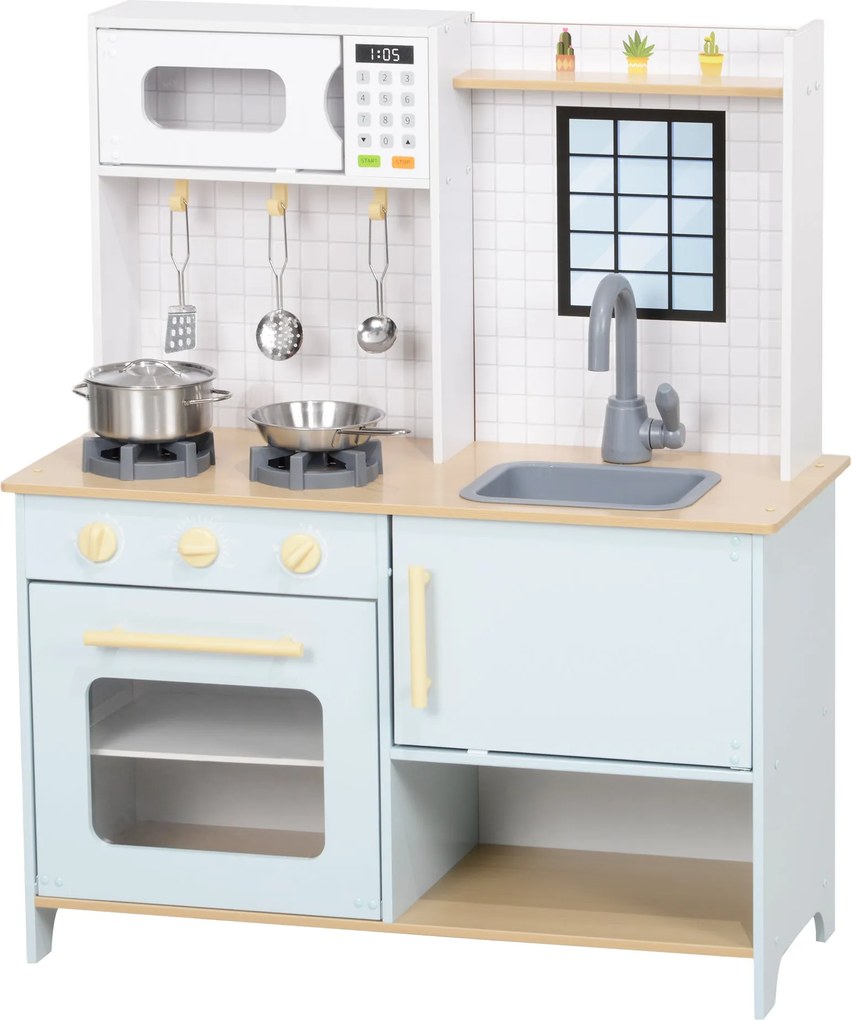 AIYAPLAY Gyerek Konyha Játék Mikróval, Tűzhellyel, Sütővel és Konyhai Kiegészítőkkel, Babakonyha Tárolóhellyel 3 Év Feletti Gyerekeknek, Kék | Aosom