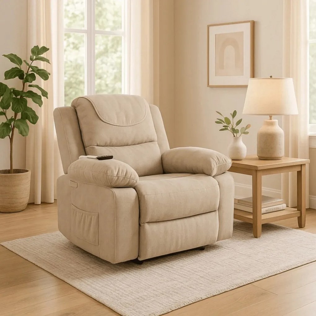 Elektromosan Vezérelhető Masszázsfunkciós Relaxfotel Bézs Színben, Felállást Segítő Funkcióval. FENIX