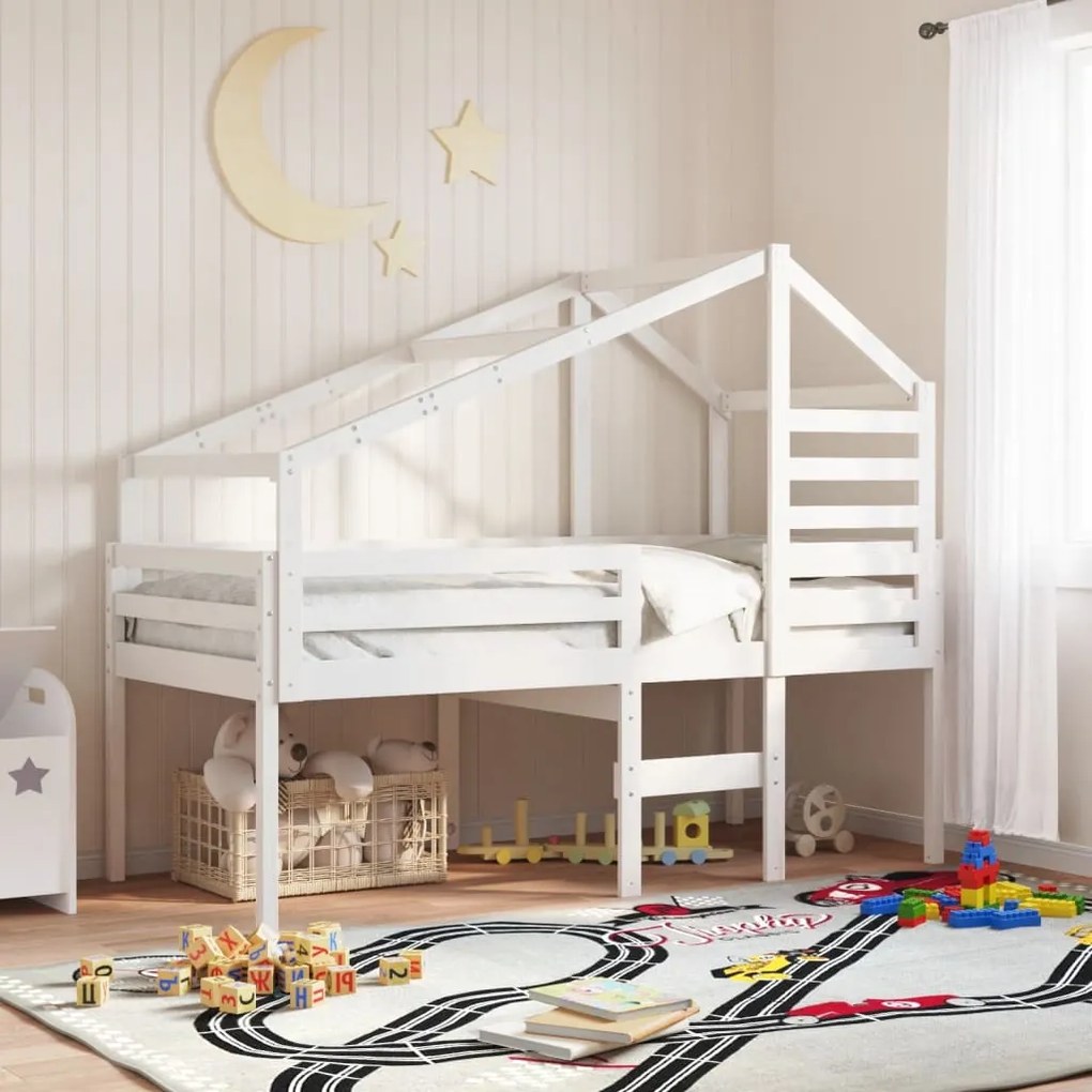 fehér tömör fenyőfa magasított ágy tetővel 80 x 200 cm