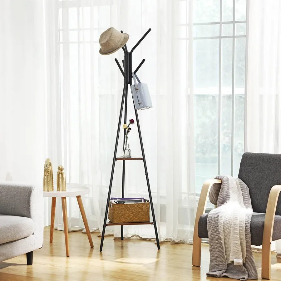 Állófogas 6 akasztóval és 2 polccal, 179 cm, rusztikus barna-fekete
