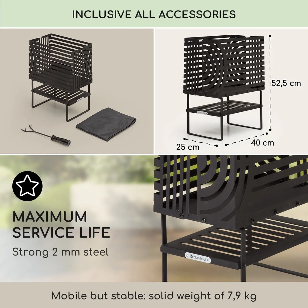 Blumfeldt Krakatoa, tűzrakóhely, tömör acél, fa tárolórekesz, lézer-vágott design