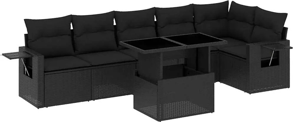 vidaXL 7 részes fekete polyrattan kerti ülőgarnitúra párnával
