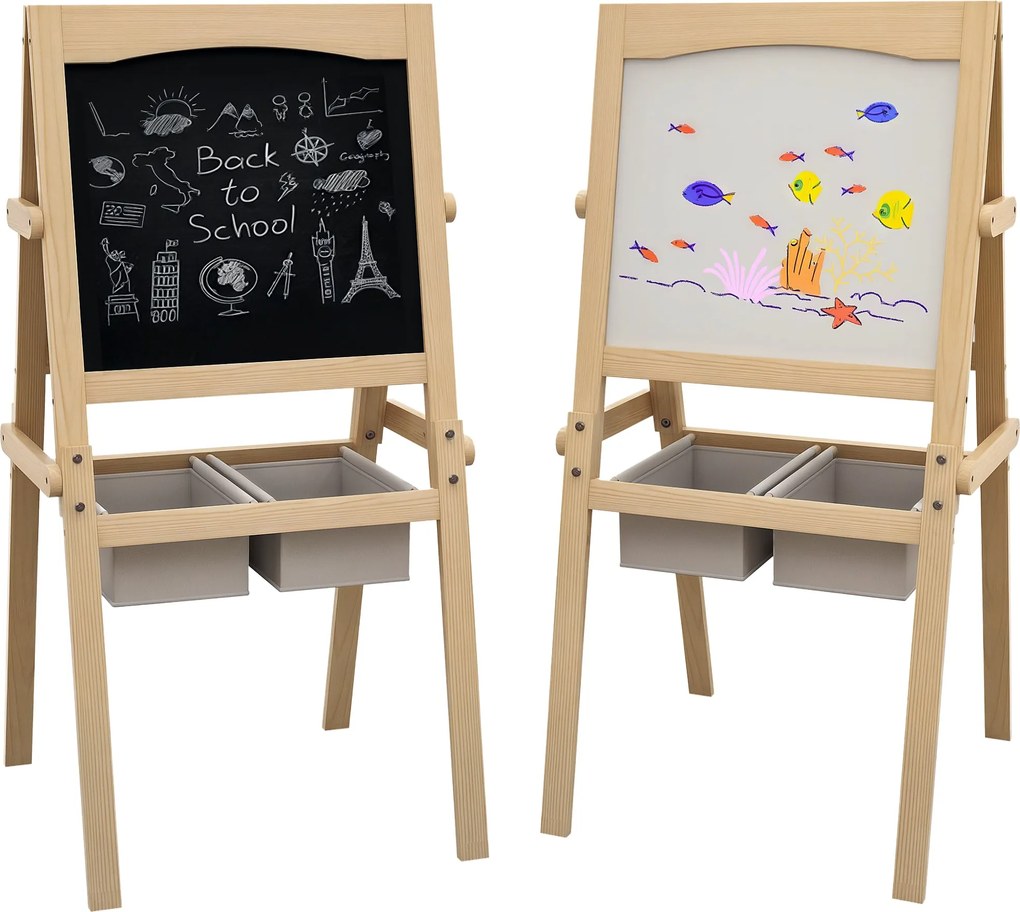 AIYAPLAY Gyermek Eset 3 az 1-ben Kétoldalas Táblafestő Fehér Tábla Fa Eset Rajzoláshoz Papírtekercsel és 2 Kosárral 58x50,5x109 cm Természetes | Aosom