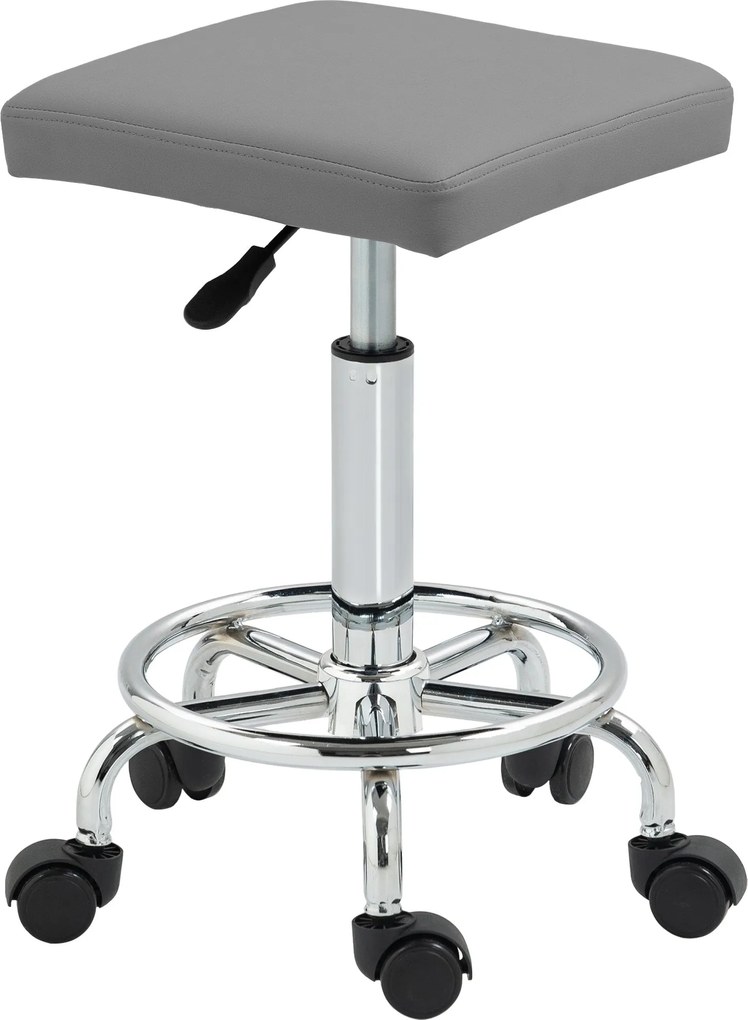 HOMCOM Forgószék Kerekekkel, Magasságállító 50-66 cm, Párnázott Műbőr Ülés és Lábtartó Nappalikhoz és Műhelyekhez, Szürke | Aosom