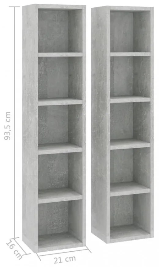 2 db betonszürke forgácslap CD-tartó szekrény 21 x 16 x 93,5 cm