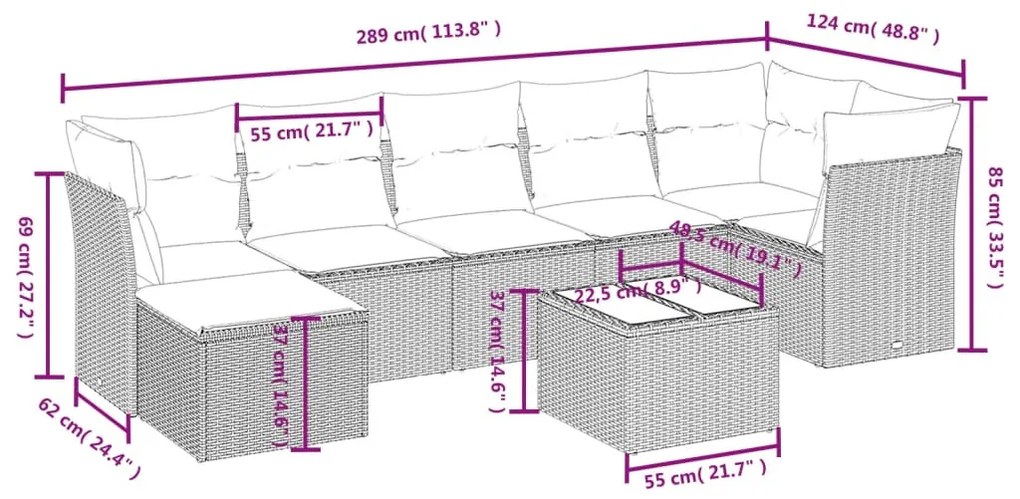 8 részes fekete polyrattan kerti ülőgarnitúra párnákkal