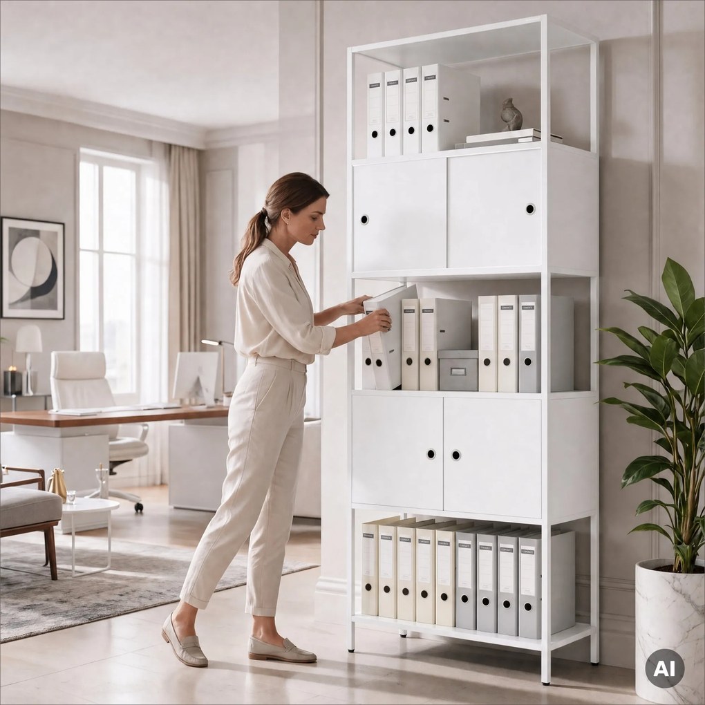 Iratrendező polc zárható szekrénnyel, irodai, nyitott polcok, fém fehér, 800x2200x400 mm: ARIEL