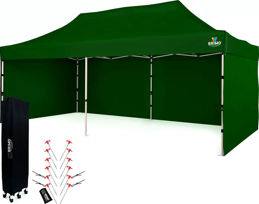 Párty sátor 3x6m Keresztvázas (3 fal) - Acél szerkezet és ponyva 330g/m² - plusz 3 oldalfal - Zöld