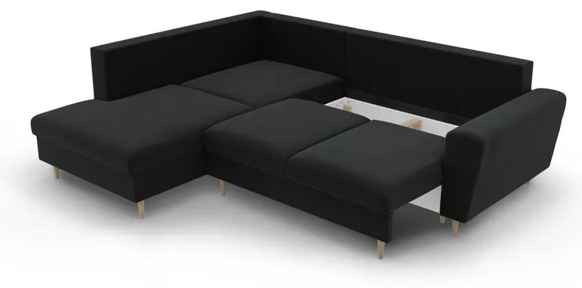 Fekete bársony kinyitható tárolóhelyes sarokkanapé (bal oldali-L alakú) Kyoto – Cosmopolitan Design