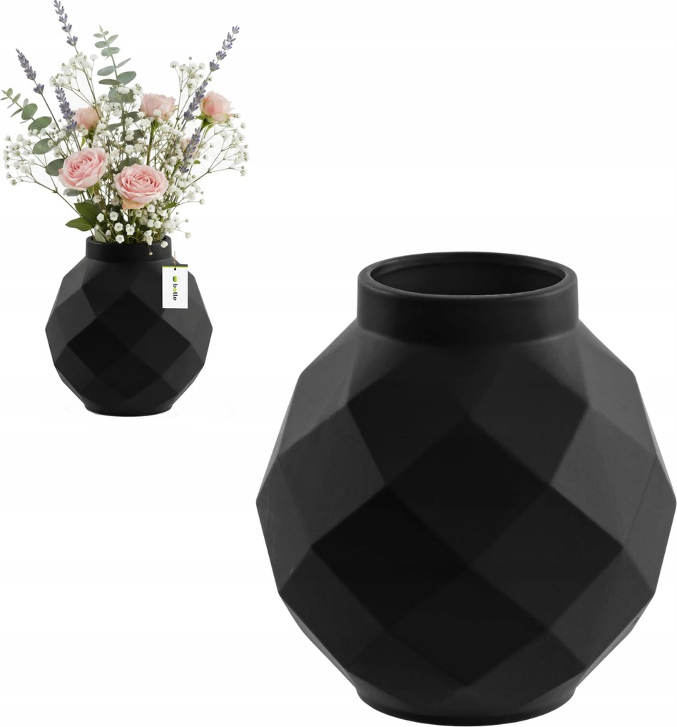 Kerámia váza 3D geometrikus fekete matt Ø11 H 22 cm intenzív szín