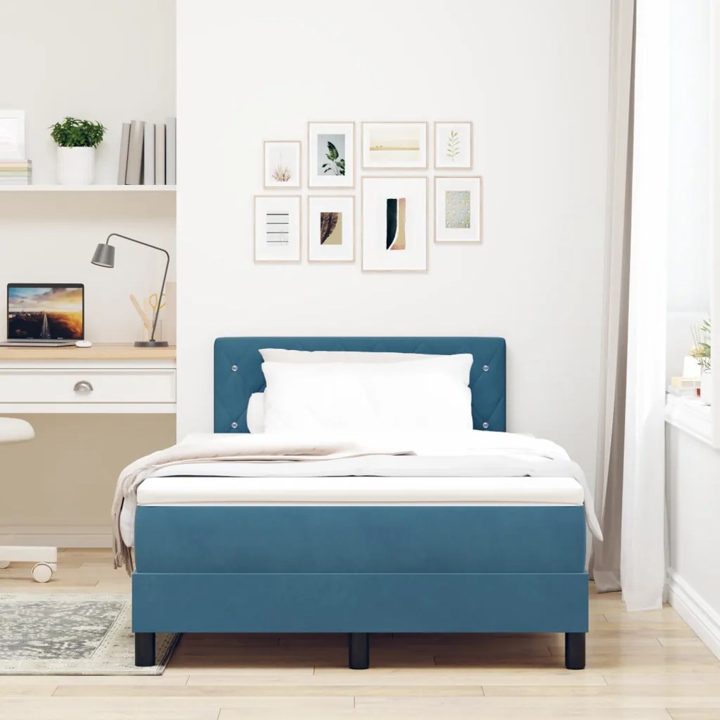 Box Spring ágy matraccal és LED világítással, Sötétkék, 120x190 cm, bársony