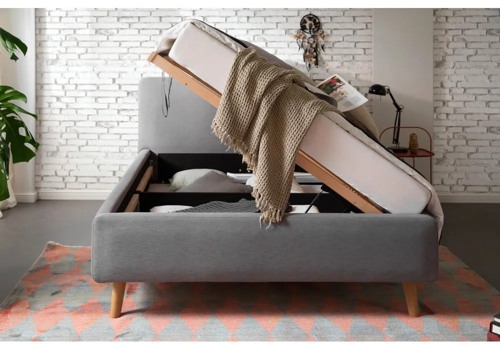 Szürke kárpitozott ágyneműtartós franciaágy ágyráccsal 140x200 cm Mattis – Meise Möbel