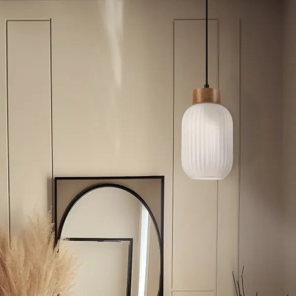 Csillár zsinóron HARMONY 1xE27/15W/230V átm. 14 cm fehér/tölgy