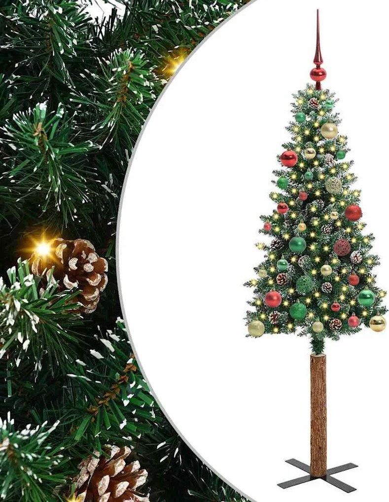 vidaXL Karcsú karácsonyfa 150 LED-del Zöld 150 cm PVC és tömör fenyőfa