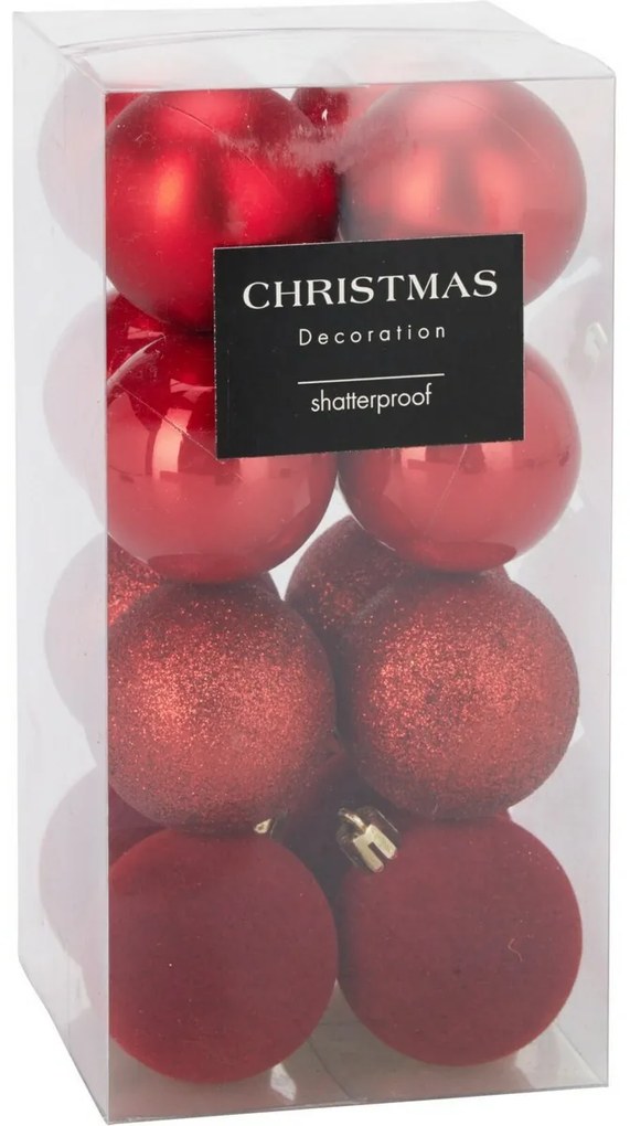 16 darabos karácsonyi díszkészlet Festive Sparkles, piros, átmérő 5 cm, műanyag, 5 cm átmérőjű