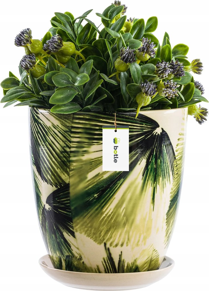 Kerámia kaspó kerek Ø12 cm H 13 cm Krém Zöld levelek