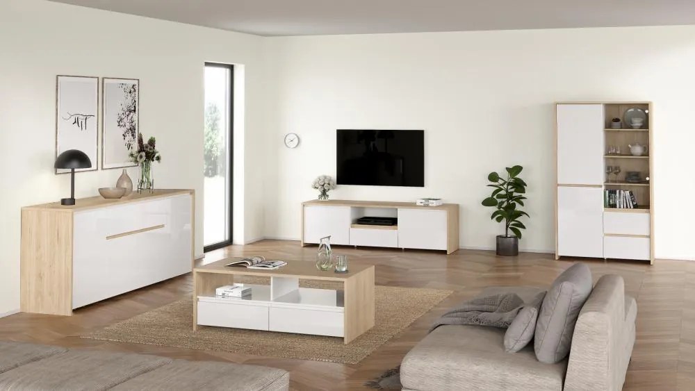 Vitrin, hickory tölgy/extra magasfényű fehér, NEXT 50317
