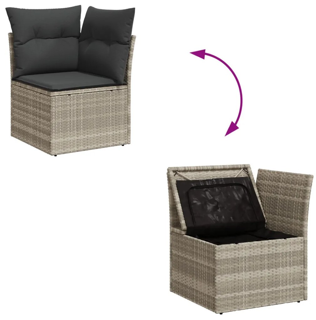 6 darabos kerti kanapé szett párnákkal világosszürke poli-rattan, 2 személyes kerti kanapé tárolóval és párnákkal világosszürke poli-rattan