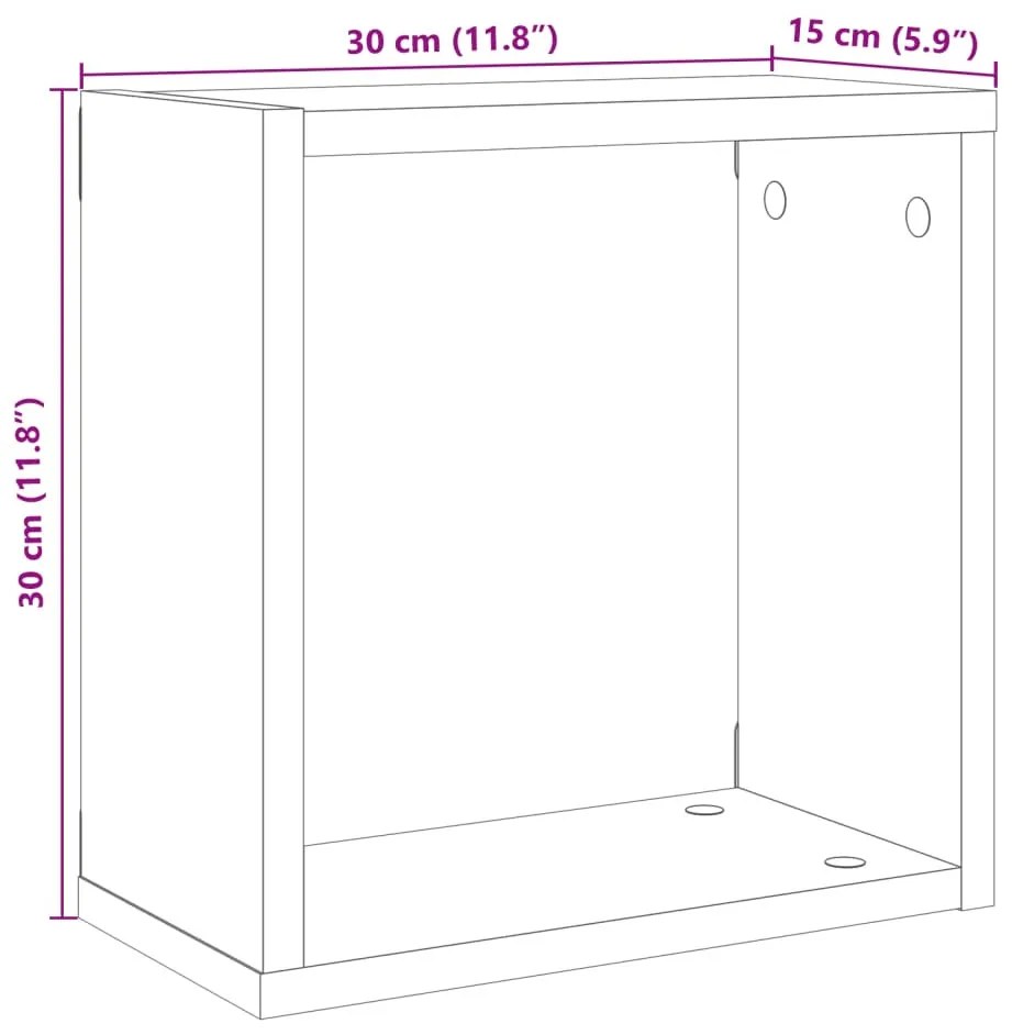 6 db kézműves tölgyszínű szerelt fa fali kockapolc 30x15x30 cm