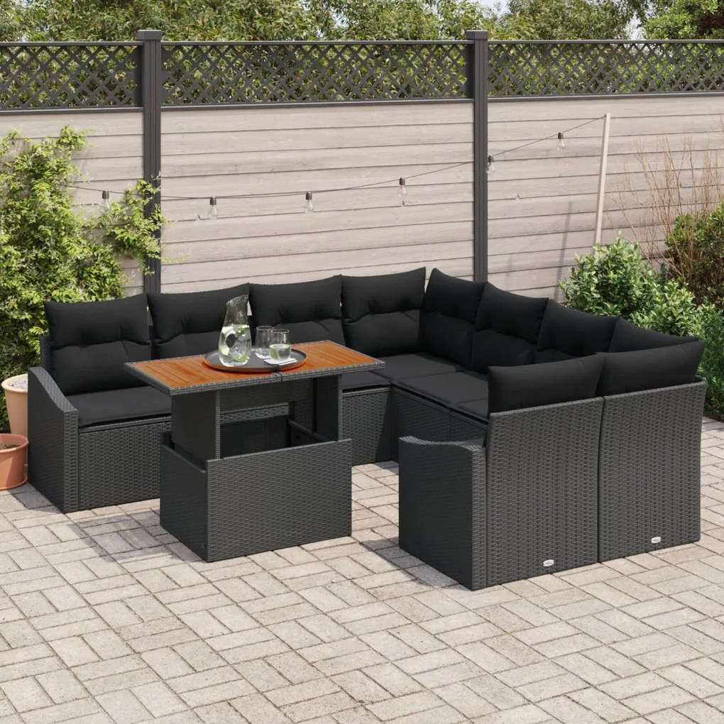 9 részes kertkanapé szett párnákkal, fekete poly rattan