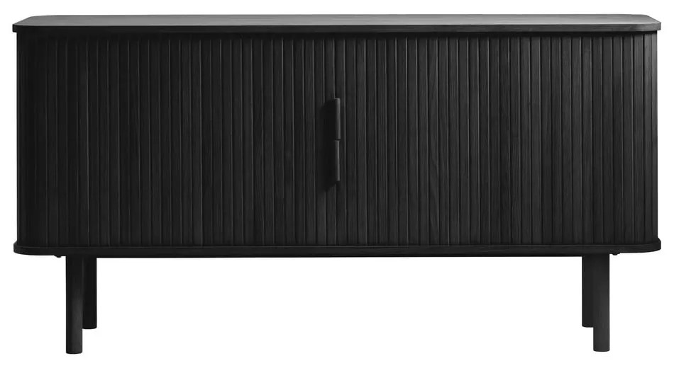 Fekete alacsony komód tolóajtóval, tölgyfa dekorral 76x160 cm Cavo – Unique Furniture