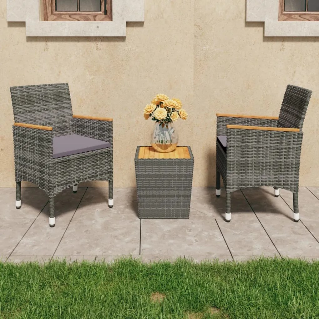 3 részes szürke polyrattan és akácfa bisztrószett