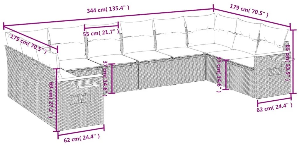 10 részes fekete polyrattan kerti ülőgarnitúra párnákkal