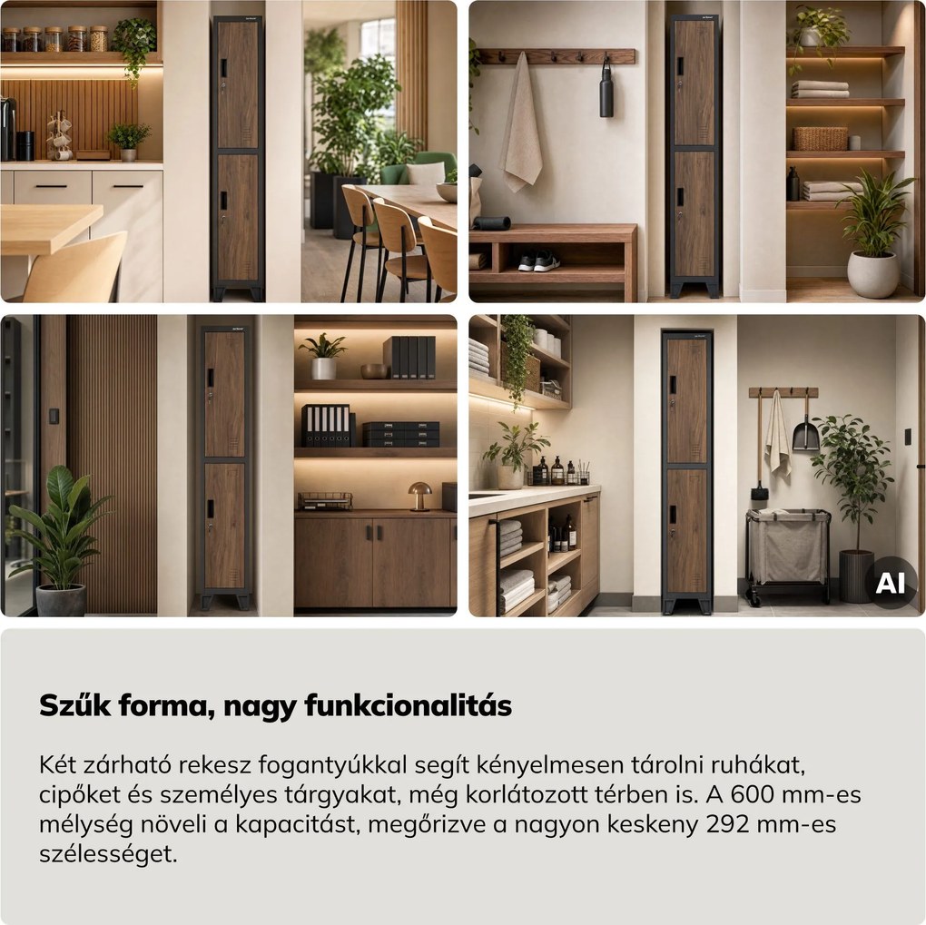 Öltözőszekrény fém munkahelyi mély 2 ajtós antracit/dió, 292x1720x600 mm: BARTEK 1 Plus D600 Eco Design