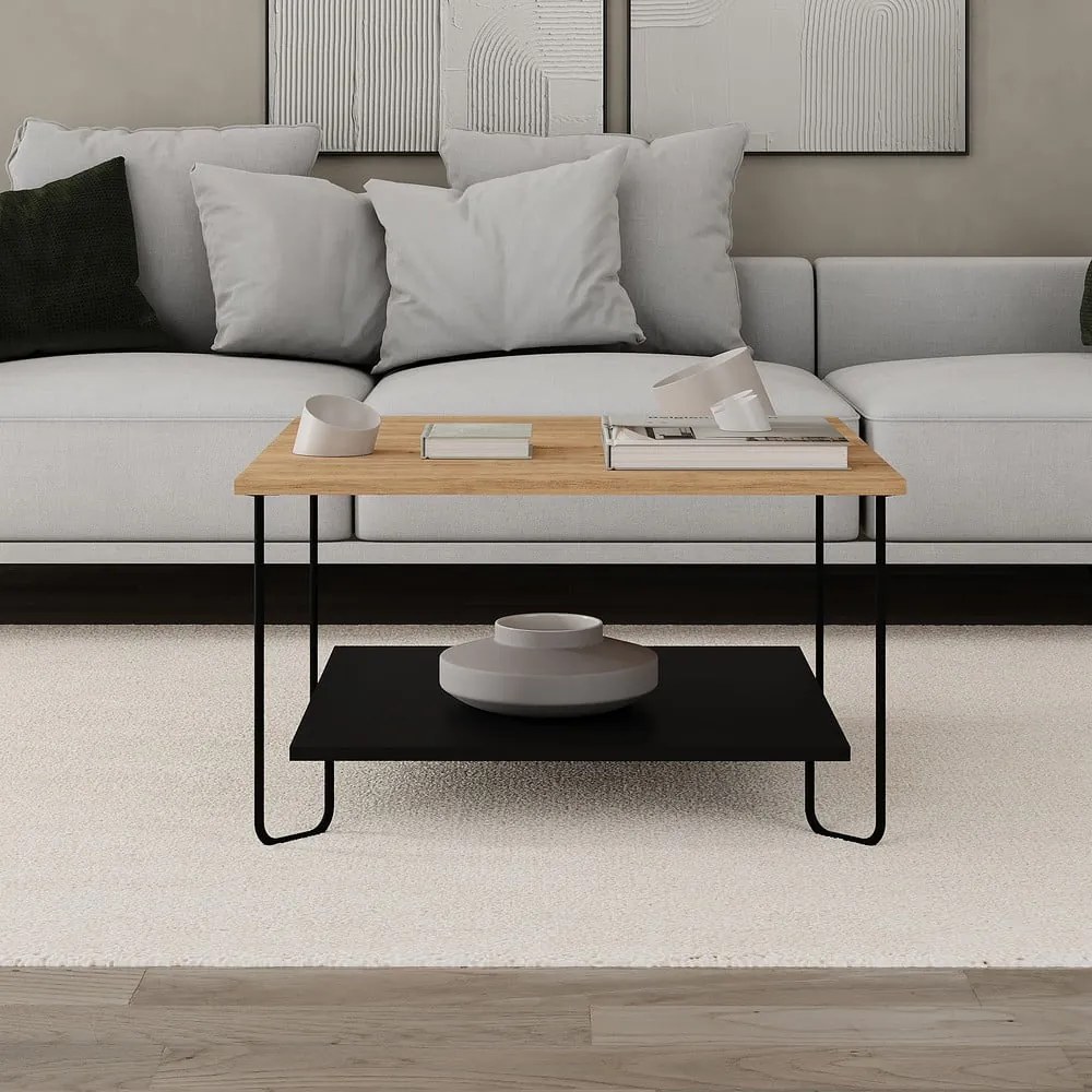 Fekete-natúr színű dohányzóasztal tölgyfa dekoros asztallappal 80x80 cm Tonka – Marckeric