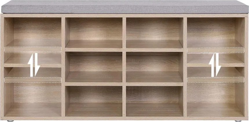 Cipőpad 10 rekesszel, párnázott ülőfelülettel, 104 × 30 × 48 cm, tölgy