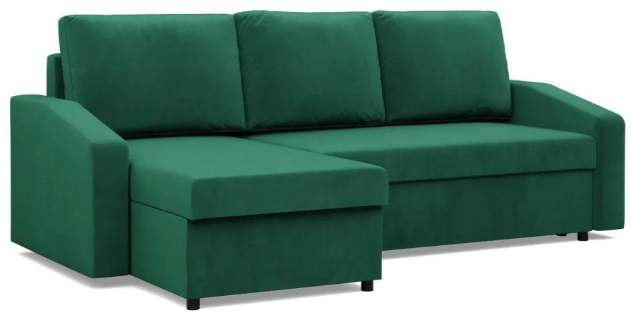 Zeus sarokkanapé, 2 ágyneműtartóval, döntött kartámasz, bársony, univerzális oldal, bonell töltet, zöld