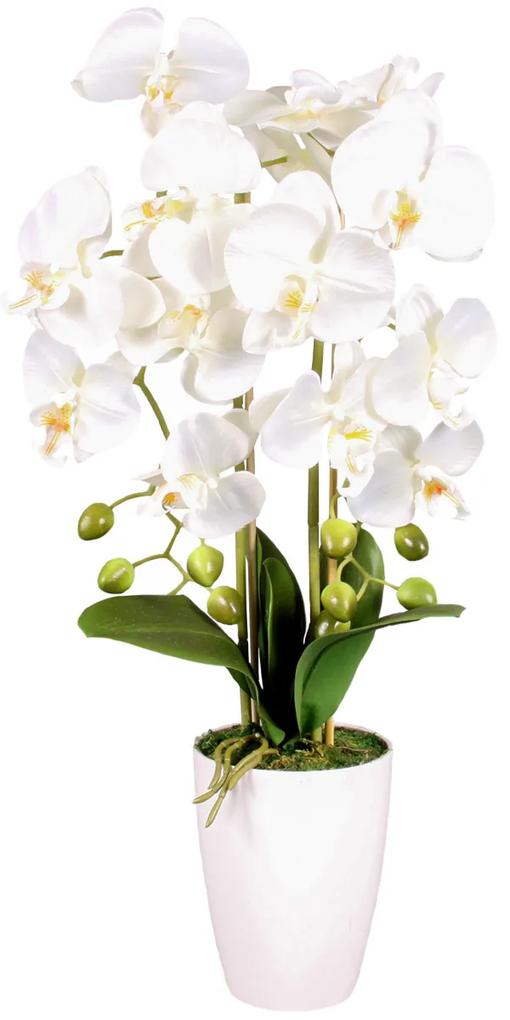 Mű orchidea virágtartóban, fehér, 14 virágos, 60 cm