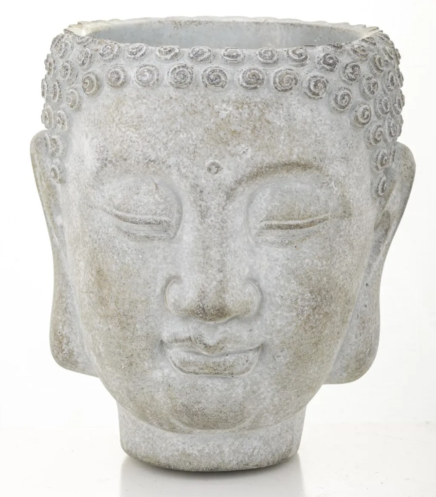 Cyrus design kerek buddha arcot ábrázoló szürke cement virágtartó váza 17x14x13cm