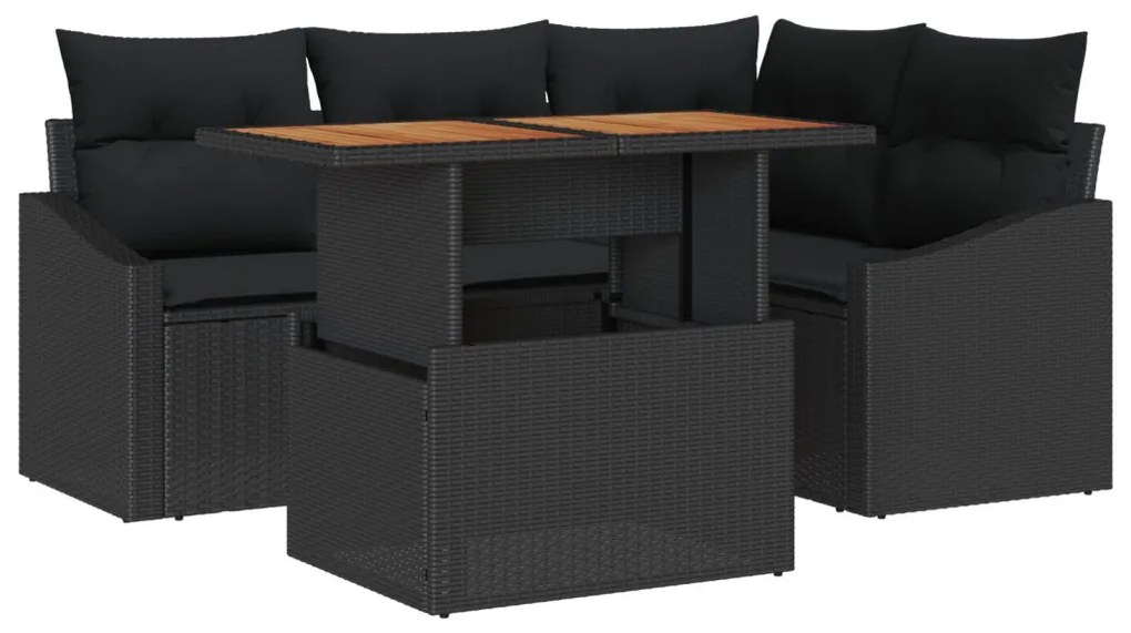 5 részes kerti étkező szett párnákkal, fekete poli rattan, akác