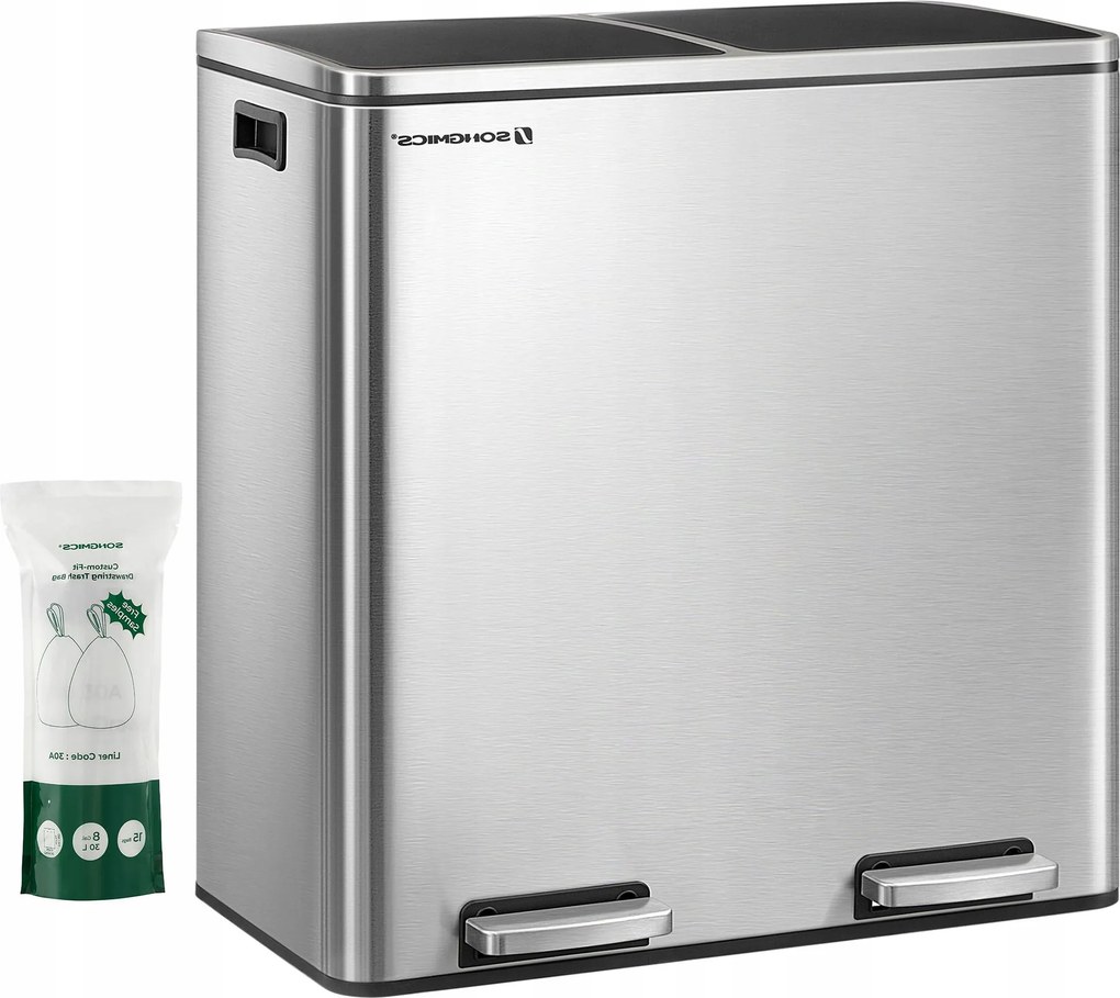 Ezüst színű acél szemeteskosár 2 x 30 L-es tartály szelektív hulladékgyűjtéshez