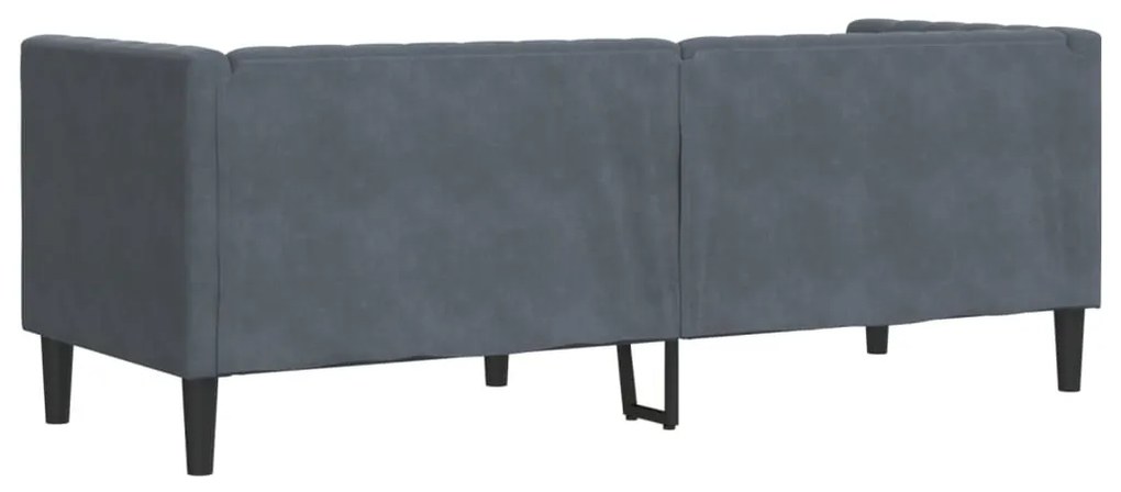3 személyes sötétszürke bársony Chesterfield kanapé párnákkal