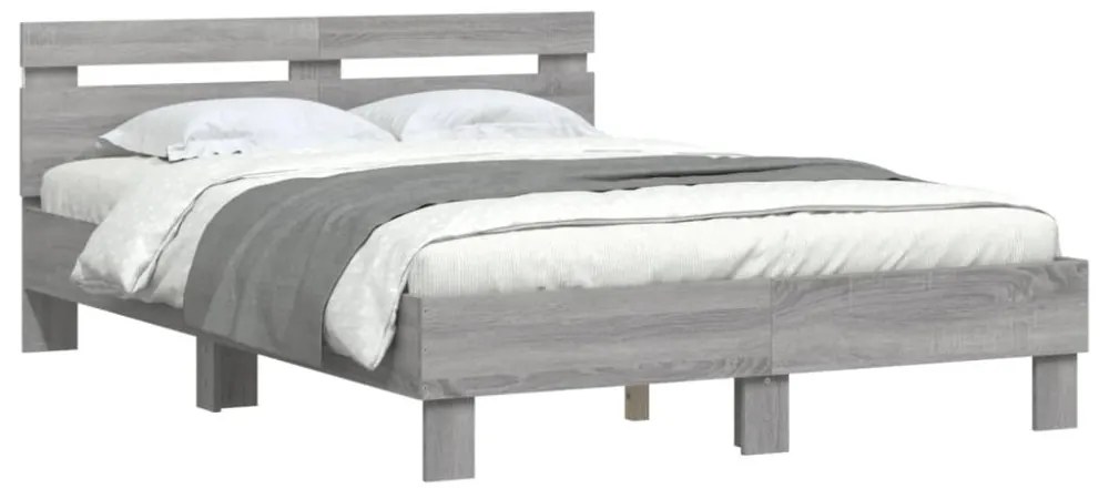 szürke sonoma színű ágykeret fejtámlával és LED-del 135x190 cm