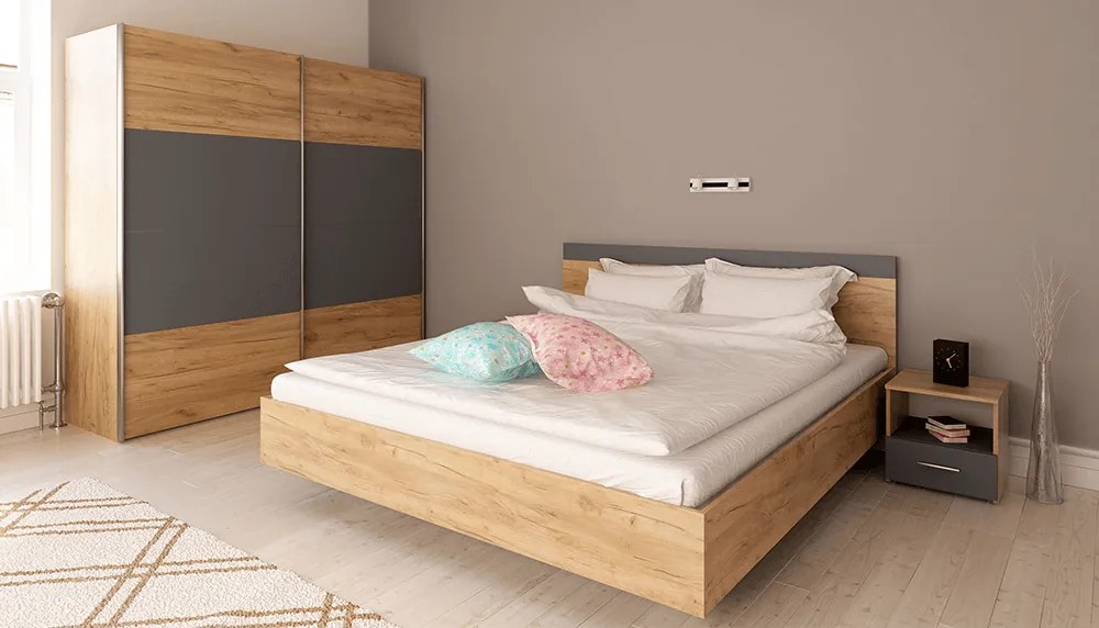 Dupla ágy, 160x200, tölgy artisan/grafit, GABRIELA