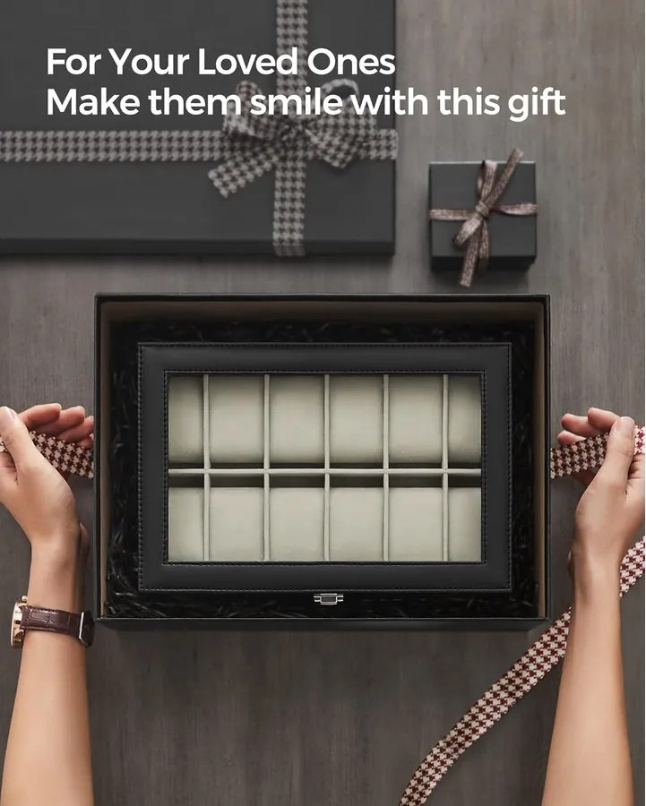 Óradoboz üvegfedéllel, 20,2 x 30,2 x 7,8 cm, fekete műbőr, bézs bélés