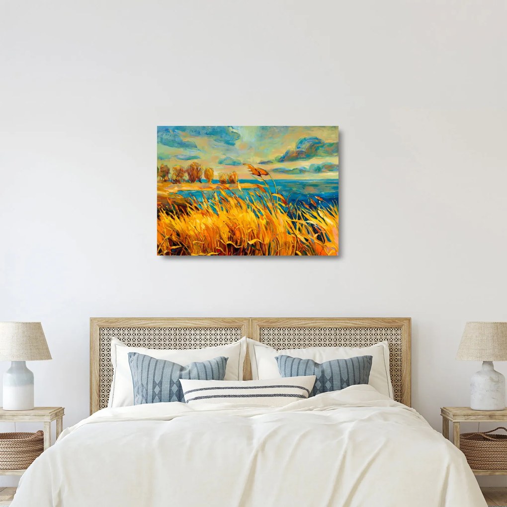 Kép - naplemente a tó felett, akril festmény (üvegen) (70x50 cm)