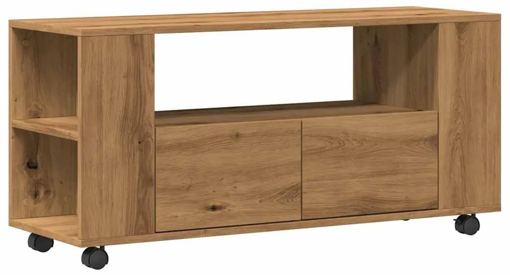 kézműves tölgy szerelt fa TV-szekrény kerekekkel 102x34,5x43 cm
